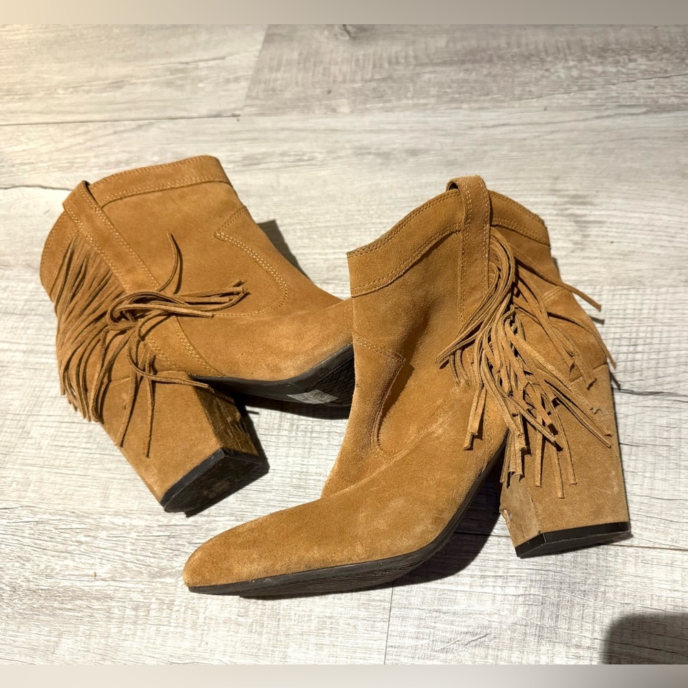 Jessica Simpson Fringe Tan Suede Heeled Ankle Boots Size 10